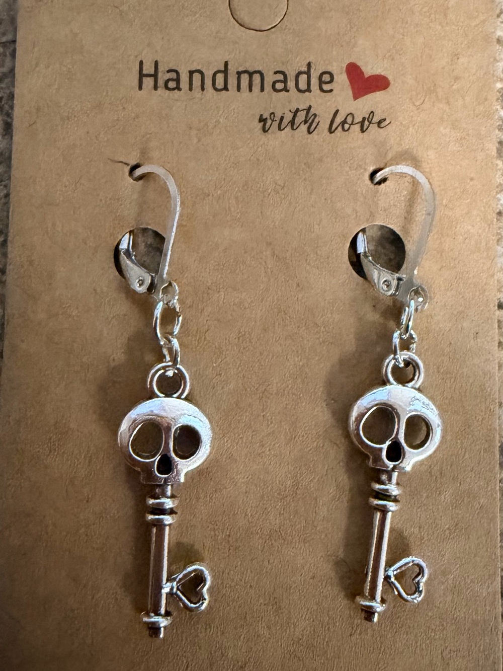 Handmade Silver Key Skull Dangle Earrings